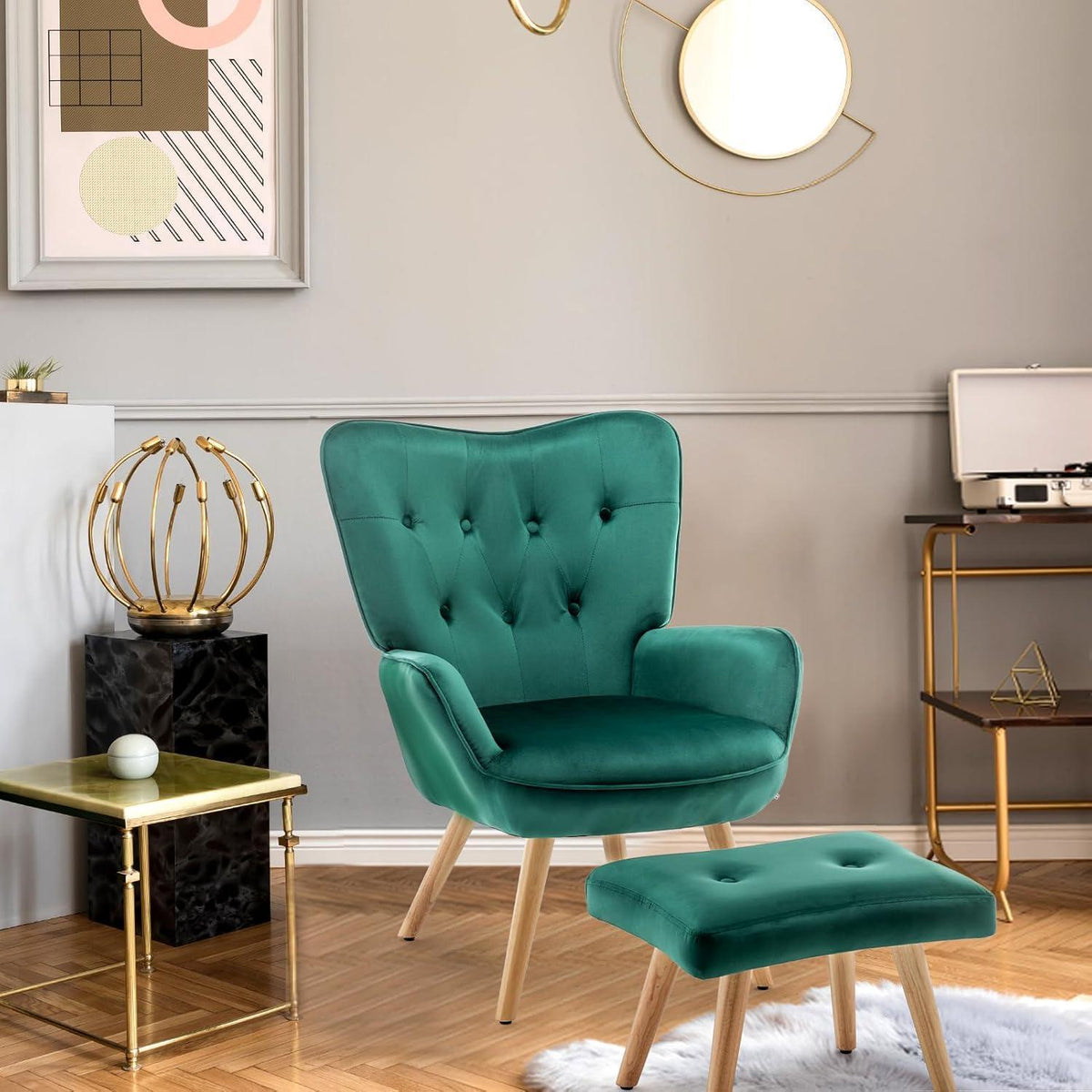 Ohrensessel mit Hocker, Grün – Bequemer Samt Relaxsessel