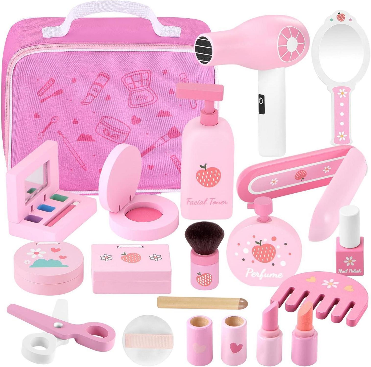 Holz Kinder Schminkset | Beauty Frisierkoffer Mädchen 16-teilig