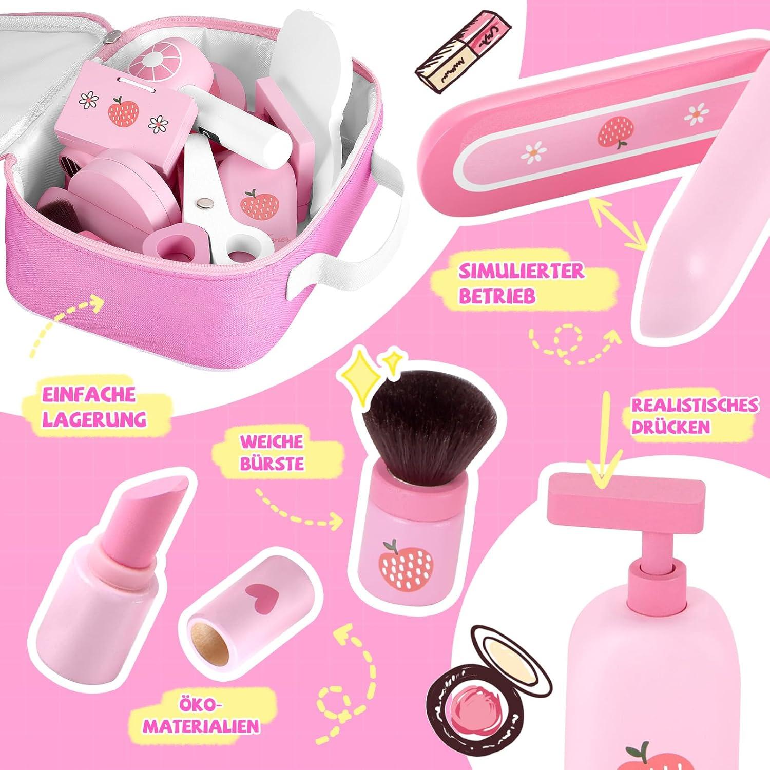 Holz Kinder Schminkset | Beauty Frisierkoffer Mädchen 16-teilig