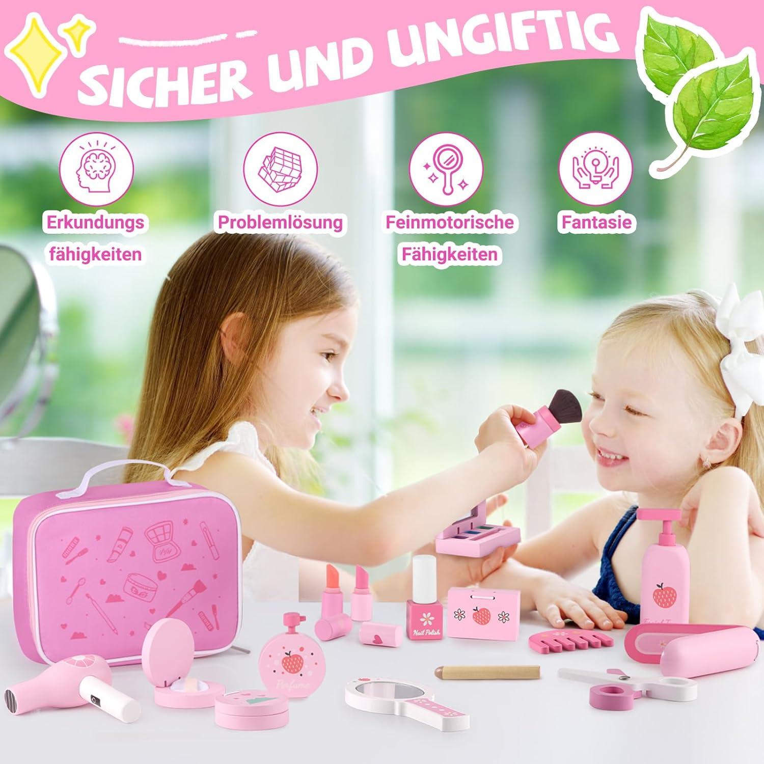 Holz Kinderschminke Set Mädchen Schminkkoffer 16-tlg. Beauty Friseur