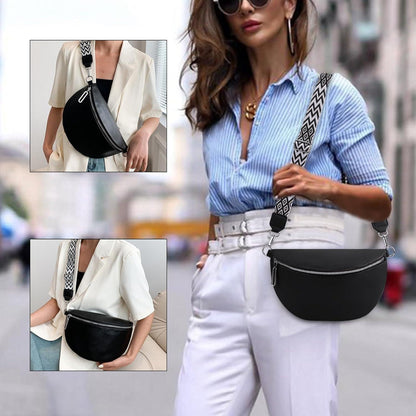 Damen Bauchtasche Leder Schwarz Crossbody Bag Reißverschluss