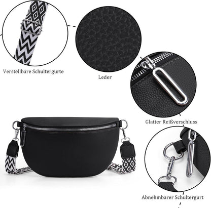 Damen Leder Bauchtasche mit Crossbody Bag und breitem Gurt, schwarz, Reisen & Einkaufen