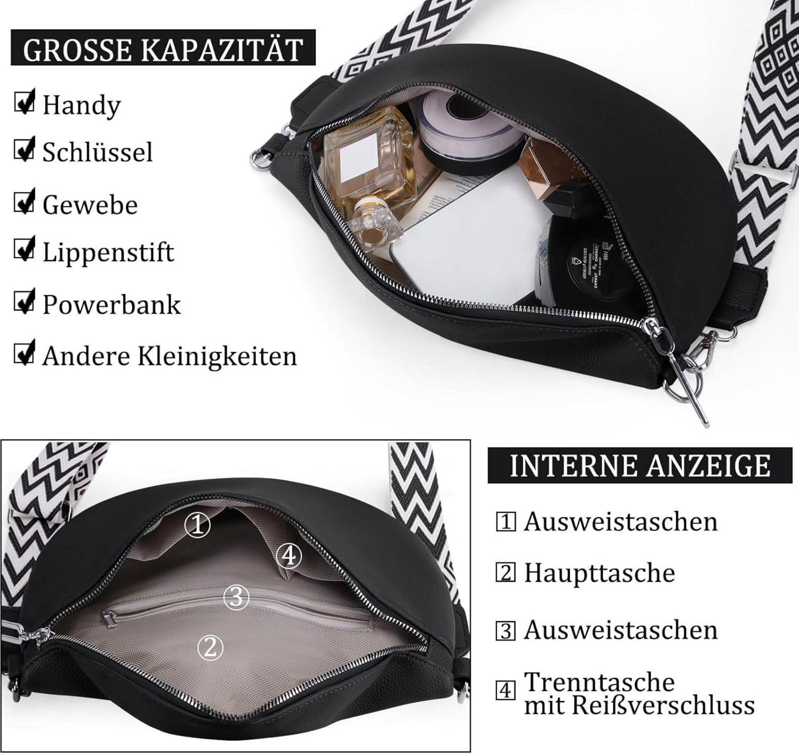 GSenhui Damen Bauchtasche Leder Schwarz Crossbody Bag Umhängetasche 28x20x10cm