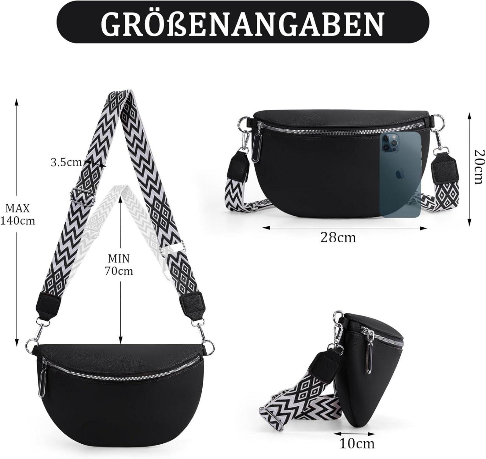 Bauchtasche Damen Leder Crossbody, Umhängetasche Schwarz Reisen
