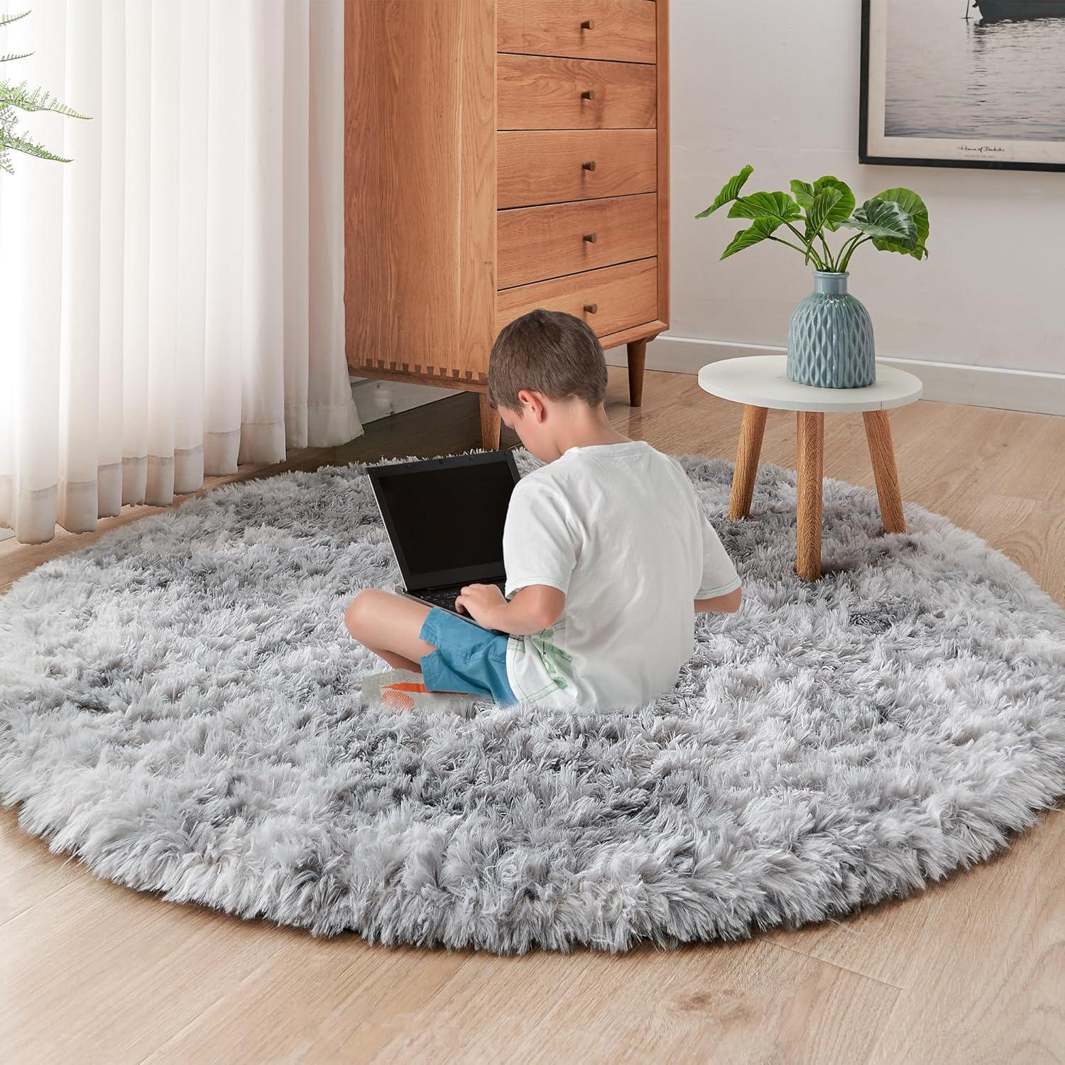 Plüsch Teppich Rund Wohnzimmer Schlafzimmer Mädchen Hellgrau Ø120 cm neu