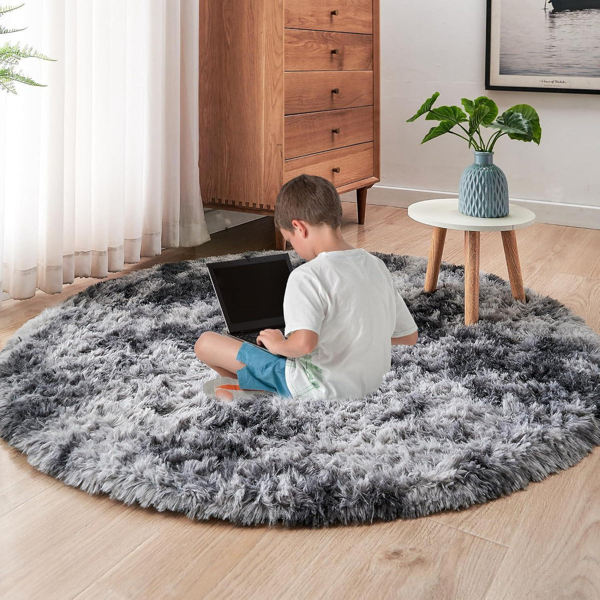 Flauschiger Rundteppich Dunkelgrau 100x100 cm – Weicher Kinderteppich