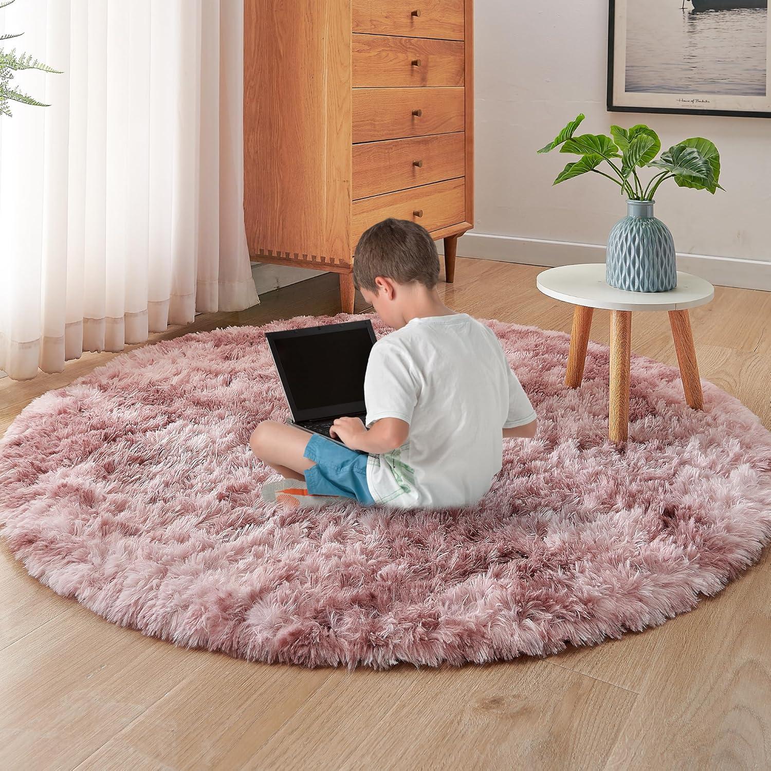 ROHATIM Plüsch Teppich Rund für Wohnzimmer Schlafzimmer Lila-rosa 100cm
