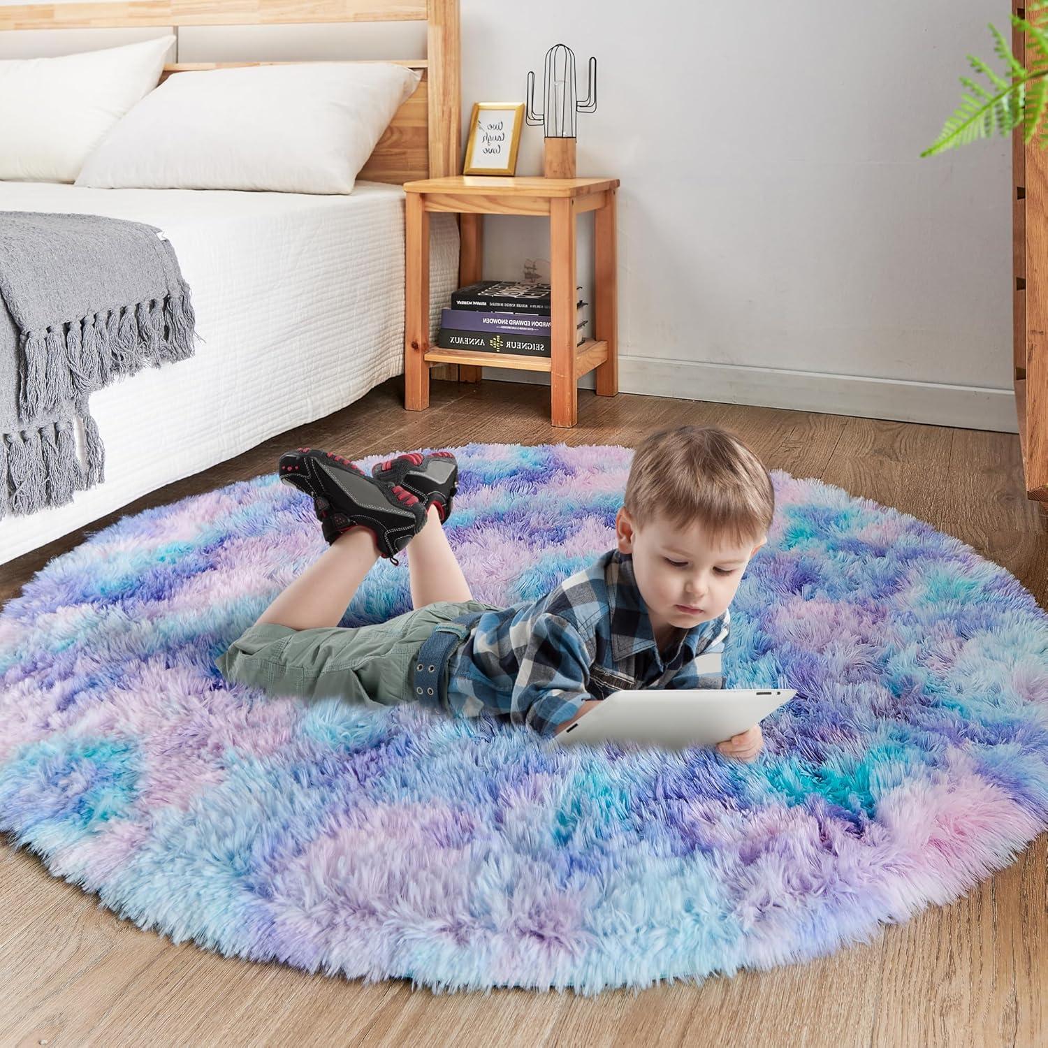 Plüsch Teppich Rund für Wohnzimmer Schlafzimmer Mädchen Blau-violett