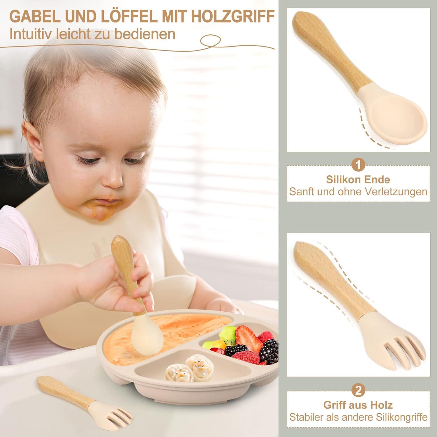 Baby Geschirrset Silikon Saugnapf 7-teilig BPA-frei Kinderteller Lätzchen Becher