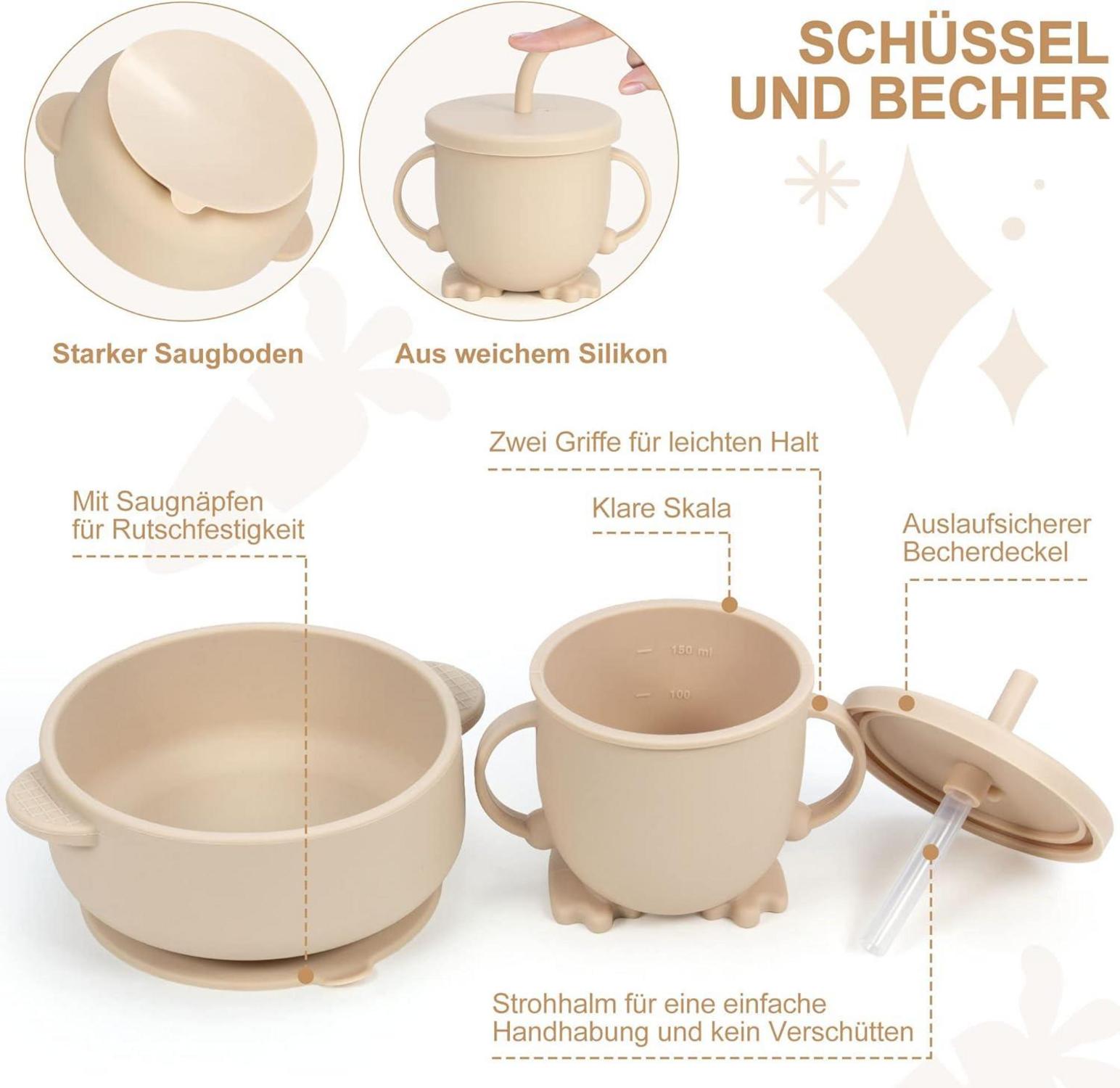 Silikon Baby Geschirrset Saugnapf 7 teilig BPA frei Esslernbesteck