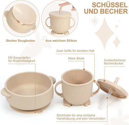 Silikon Baby Geschirrset Saugnapf 7 teilig BPA frei Esslernbesteck