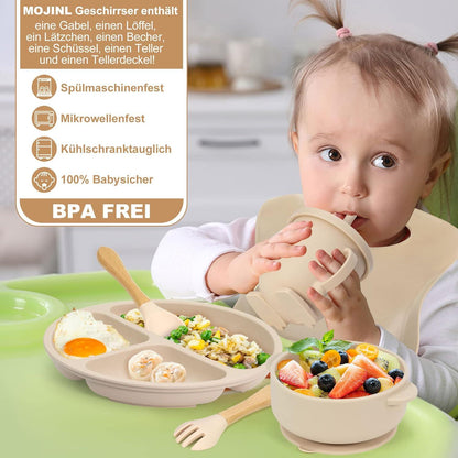 Baby Geschirrset Silikon Saugnapf 7-teilig BPA-frei Kinderteller Lätzchen Becher