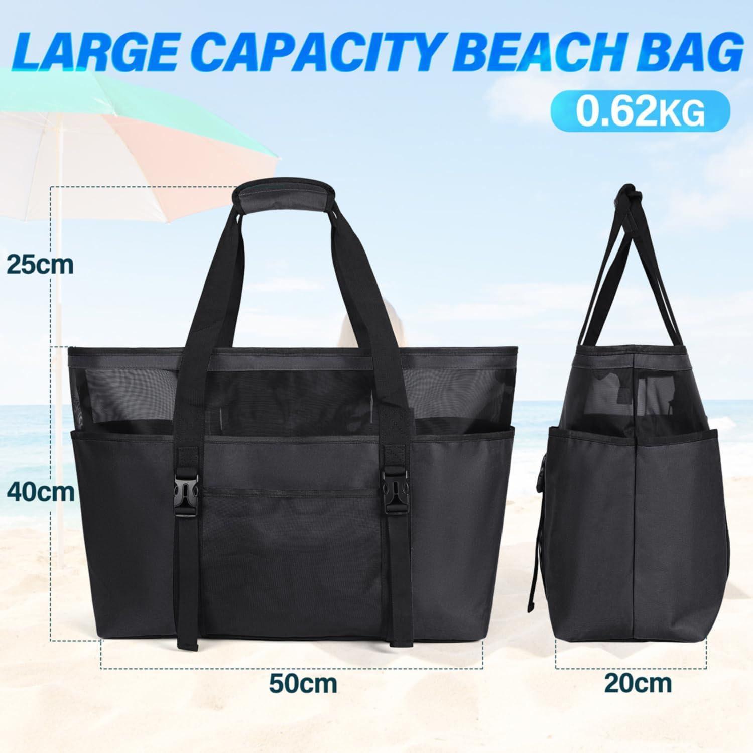 Strandtasche XXL Damen Wasserdicht Mesh Beach Bag Schwarz