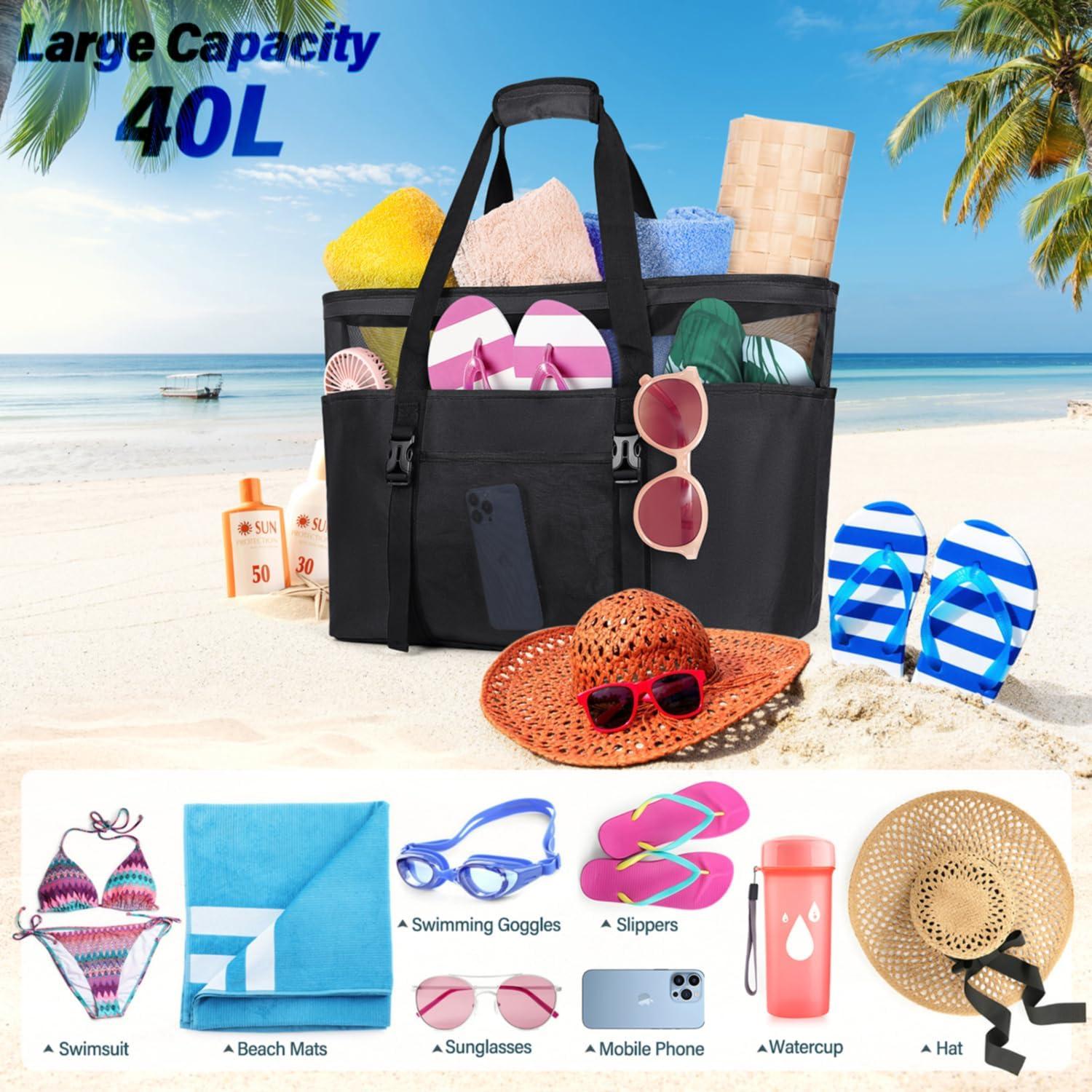 Strandtasche XXL Damen Wasserdicht Schwarz Faltbar mit Reißverschluss