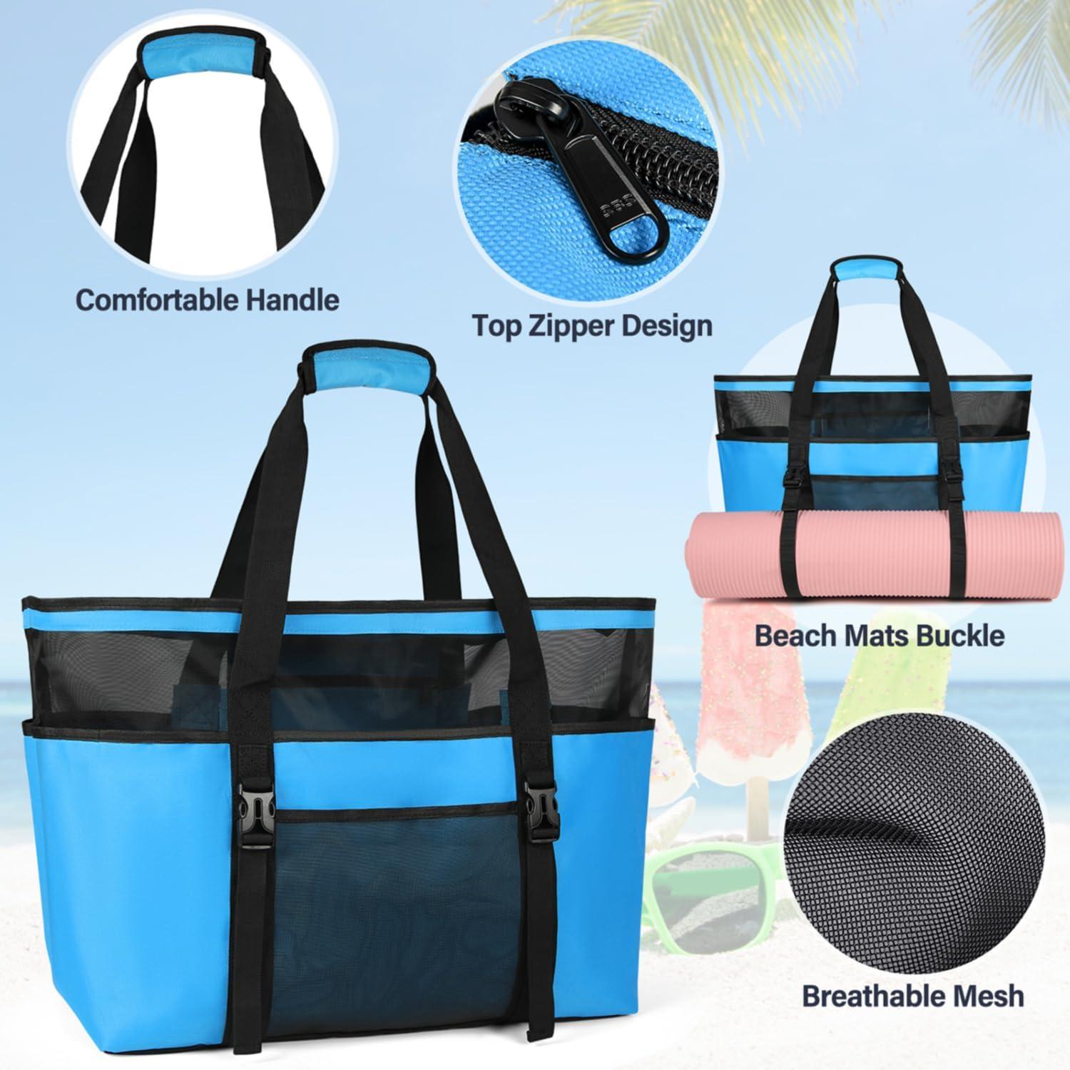 Große Strandtasche mit Reißverschluss und Taschen Blau
