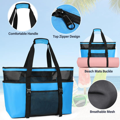 Große Strandtasche mit Reißverschluss und Taschen Blau