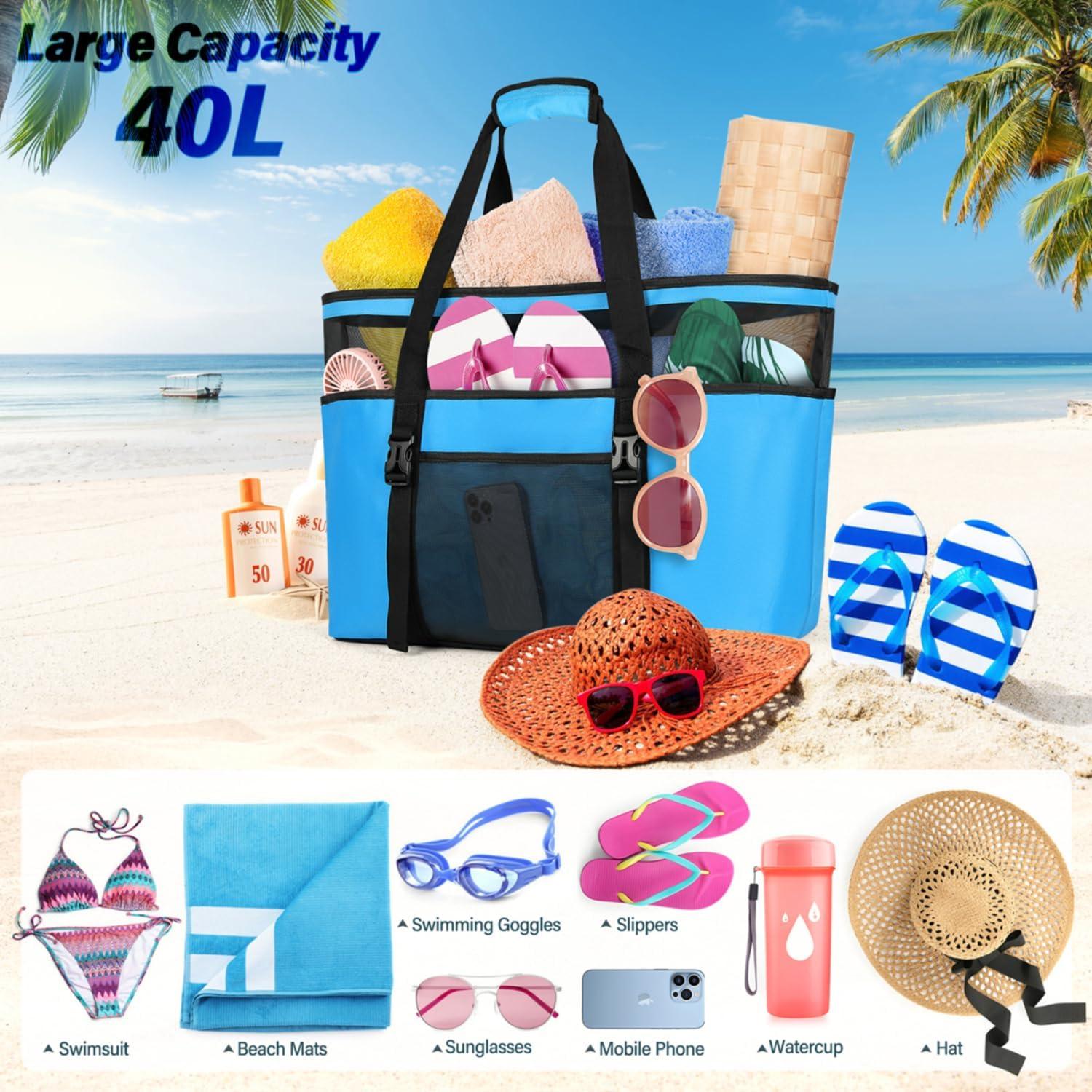 Strandtasche XXL Wasserdicht Damen Badetasche Groß Mesh Blau