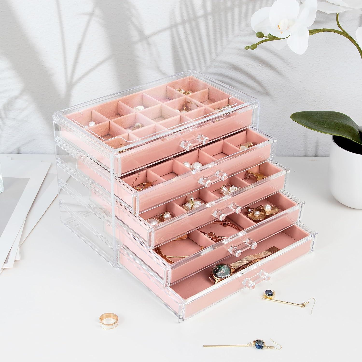 Acryl Schmuckkästchen mit 5 Schubladen, 20tlg. Set, Rosa
