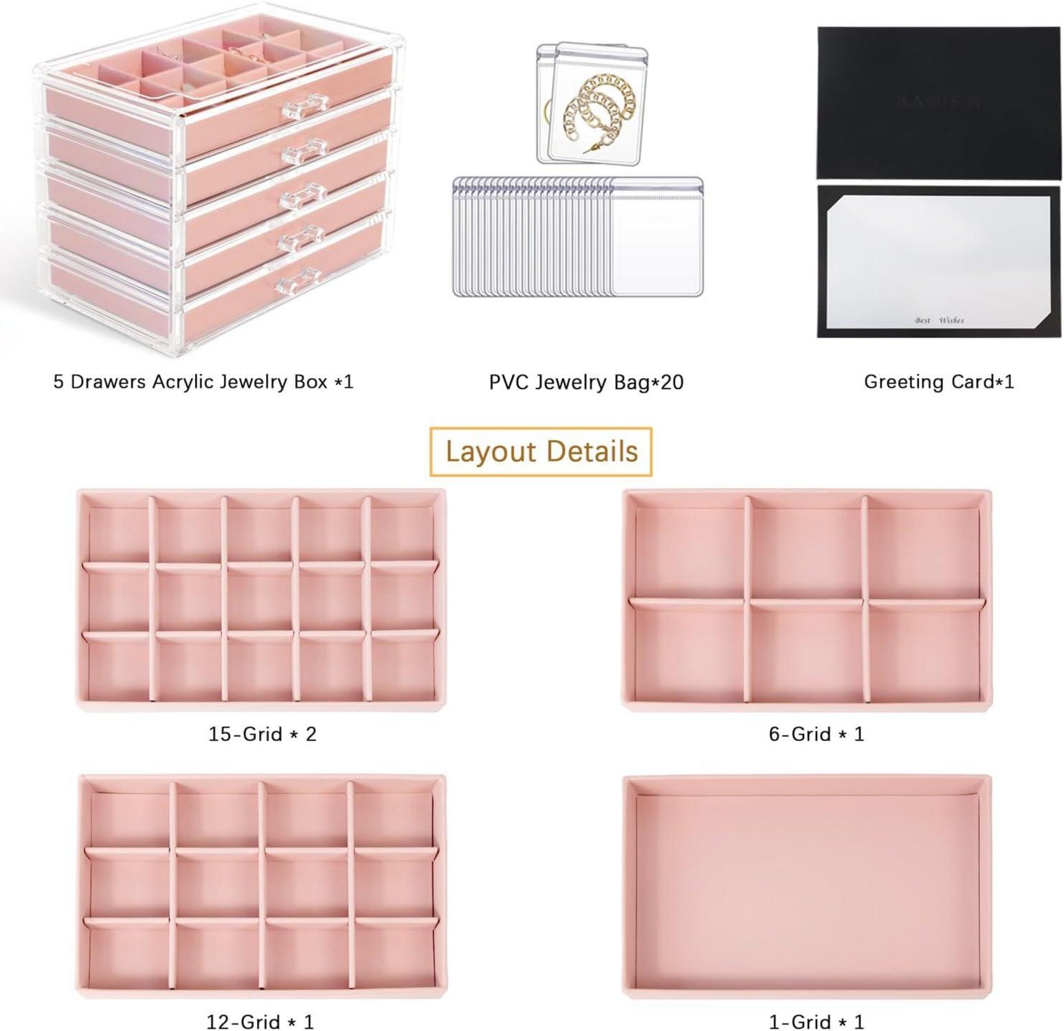 Transparentes Acryl Schmuckkästchen mit 5 Schubladen & 20