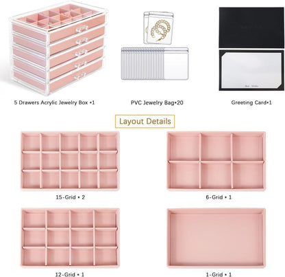 Transparentes Acryl Schmuckkästchen mit 5 Schubladen & 20