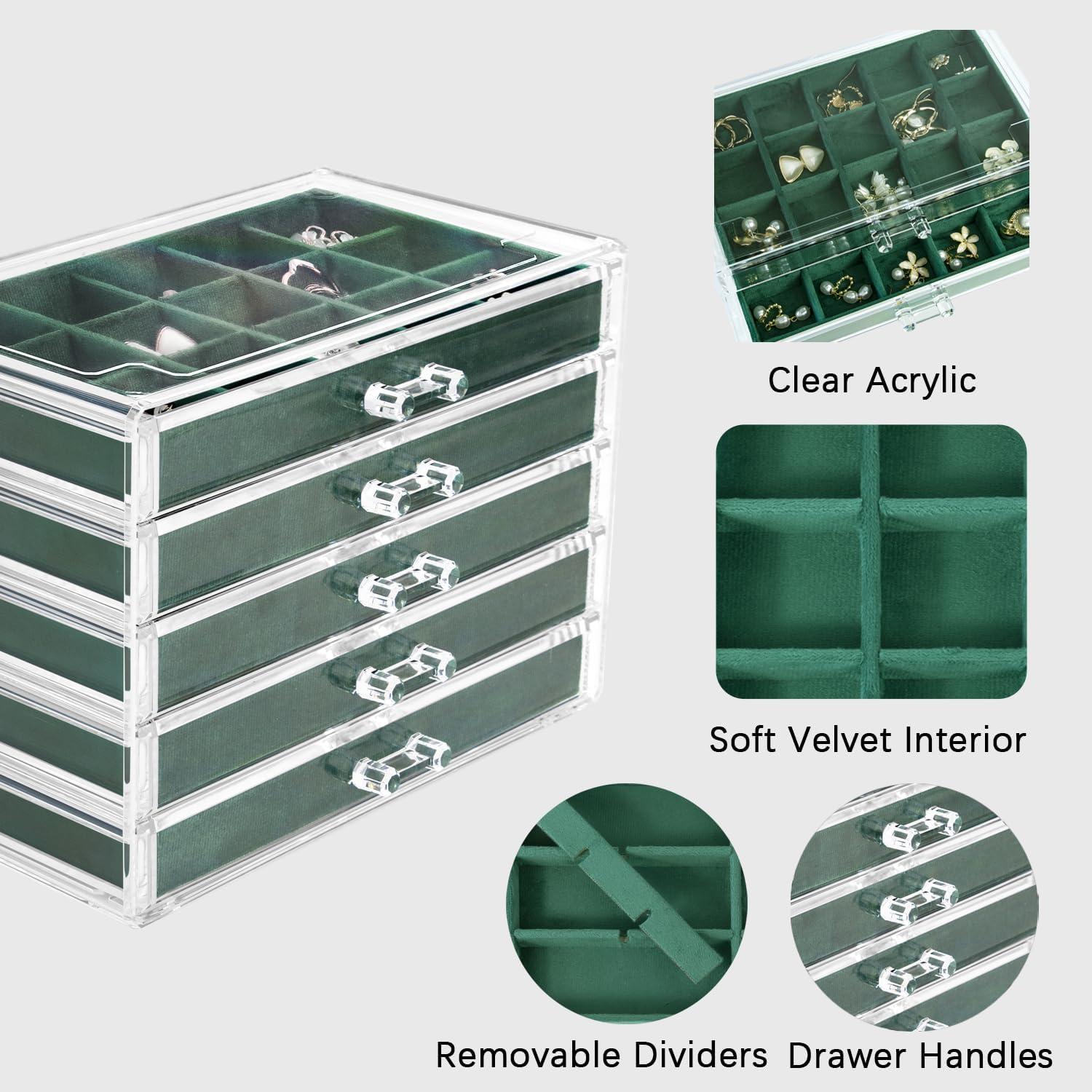 Acryl Schmuckkästchen Damen 5 Schubladen 20 teilig Schmuckbeutel Grün