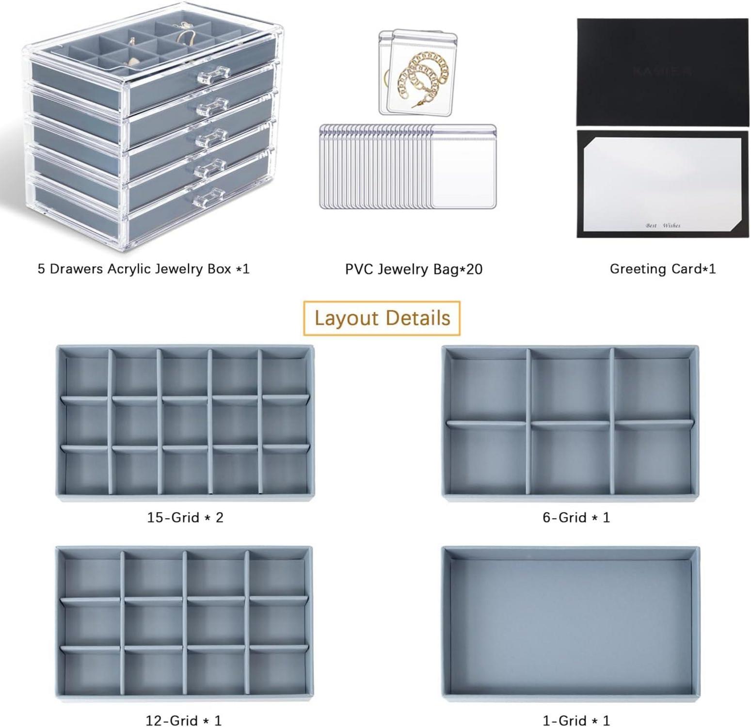 Acryl Schmuckkästchen mit 5 Schubladen und 20 teiliges Schmuckbeutel