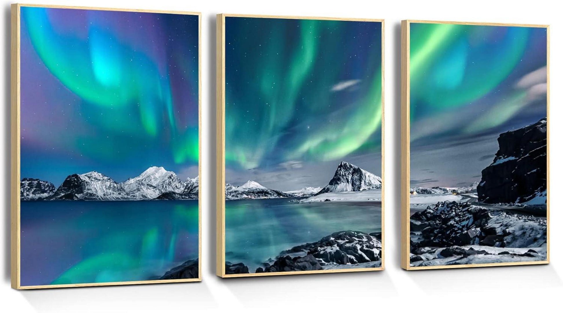 Nordlichter Bilder Mit Rahmen Holz Grün Polarlicht Sternenhimmel 30x40cm 3er Set