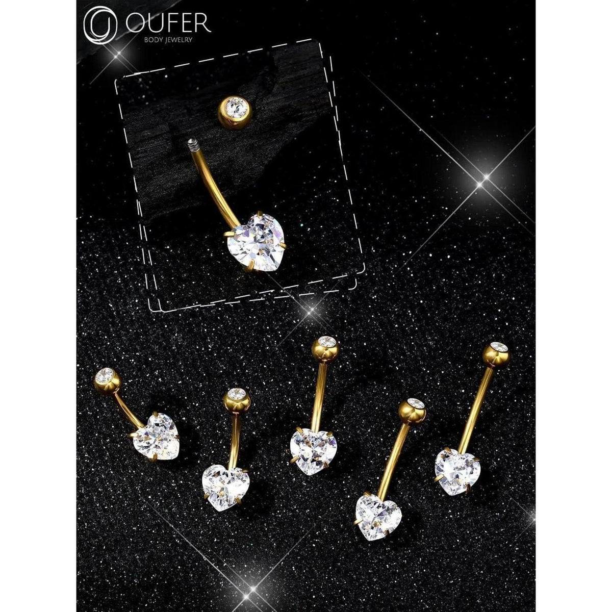 Bauchnabelpiercing Titan Herz mit Zirkonia, 14G 8mm Gold