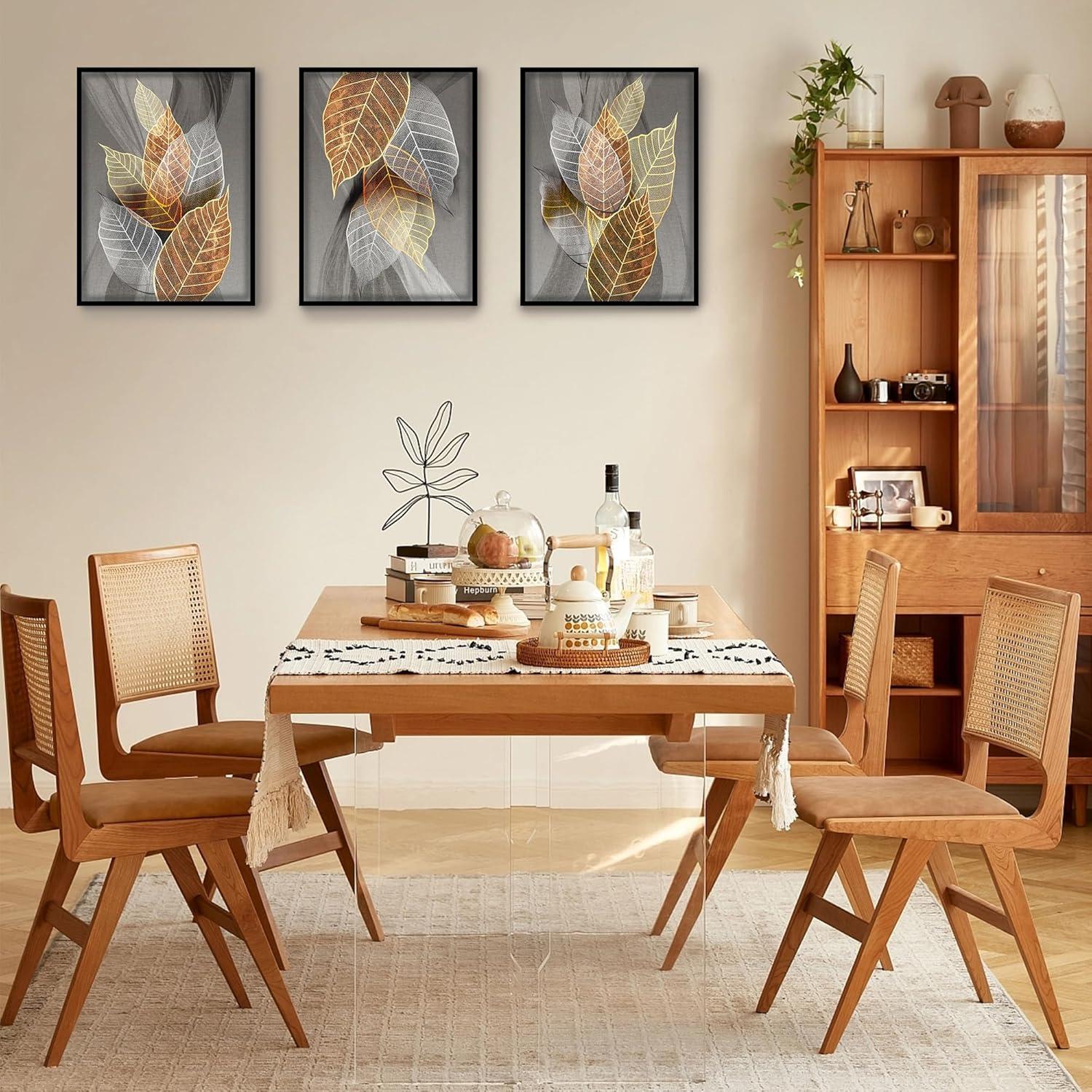Blätter Bilder Rahmen Schwarz Golden Natur Wandbild 30x40cm 3er Set