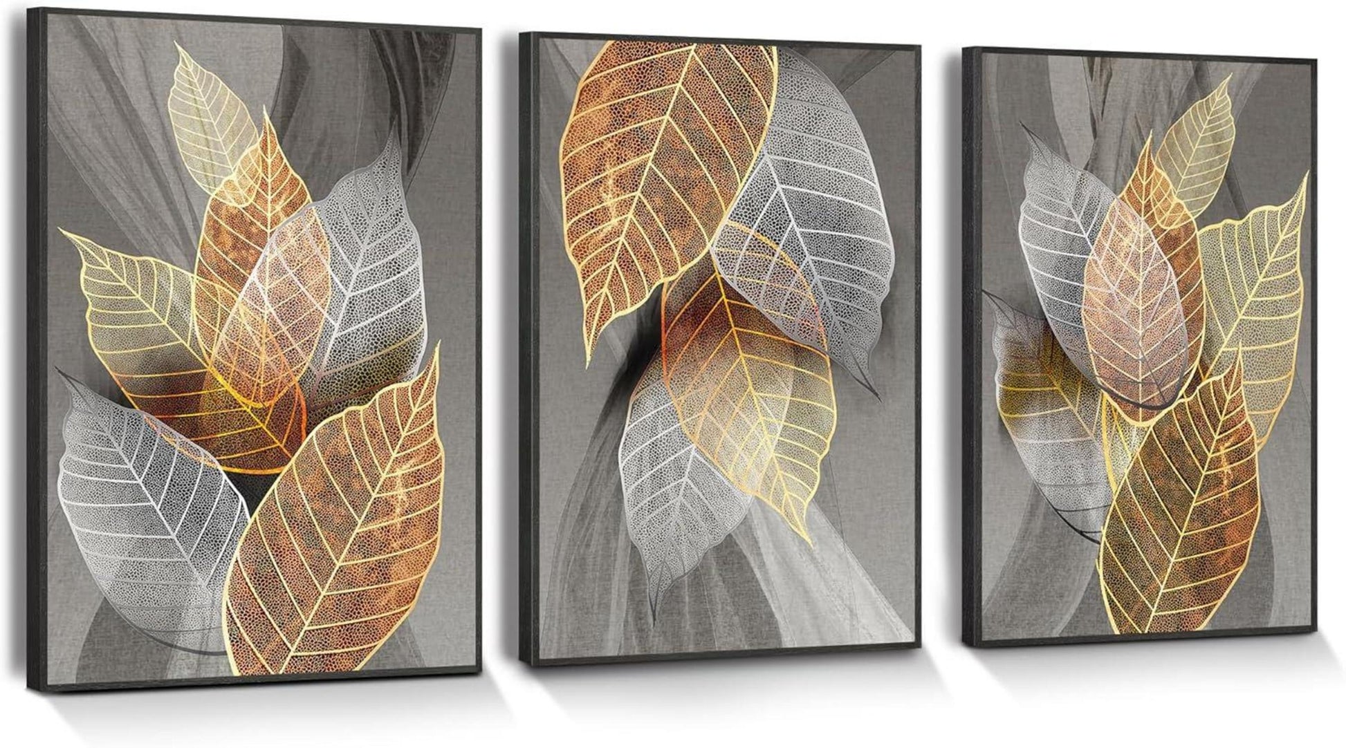 Leinwand Bilder Blätter Schwarz Natur Gold Wandbild 30x40cm 3er Set