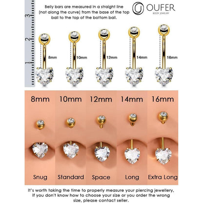 Bauchnabelpiercing Titan Herz mit Zirkonia, 14mm, 1.6mm