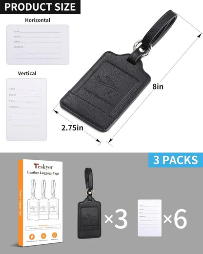 3er Set Kofferanhänger PU Leder Adressschild Flugreise 16,5 cm Schwarz
