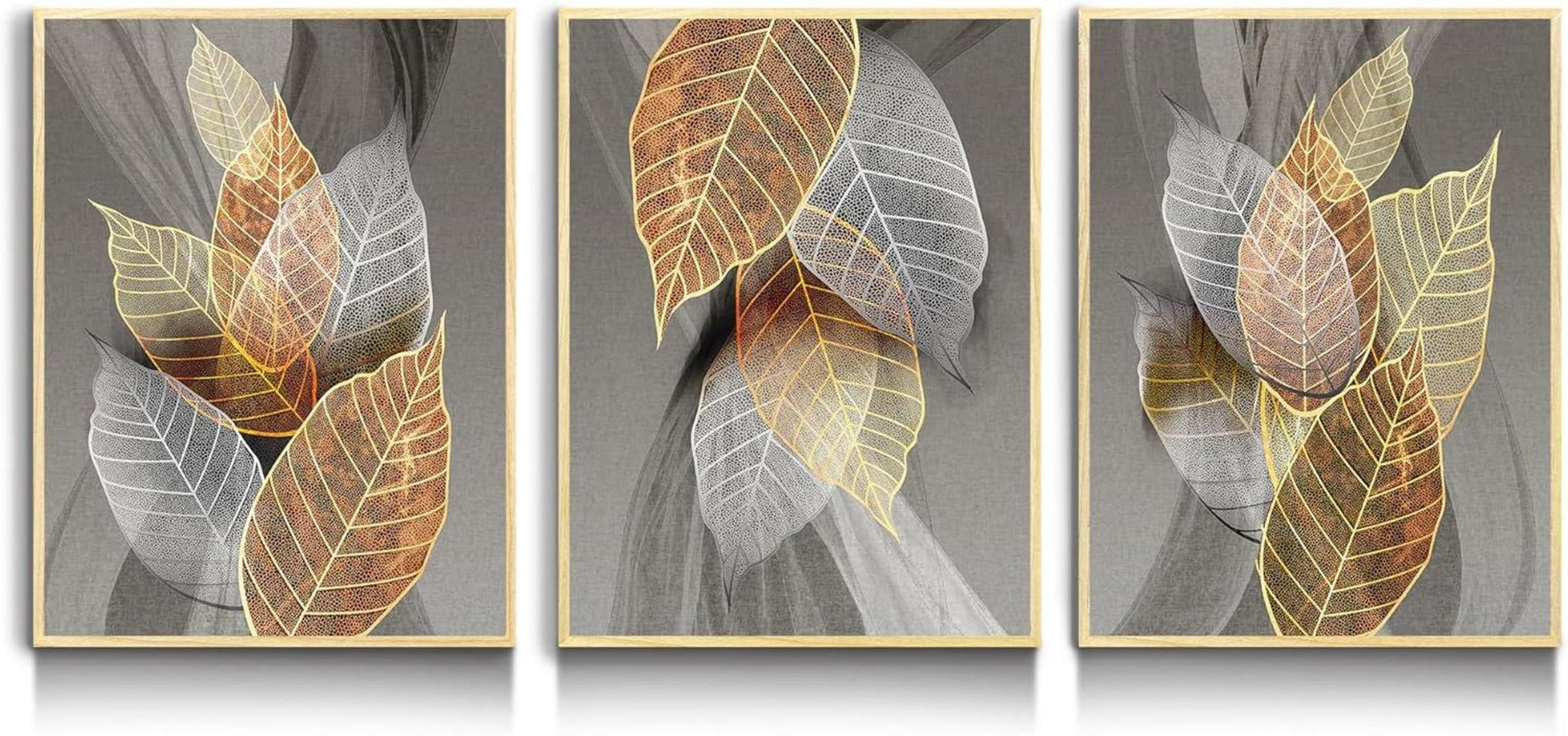 Moderne Blätter Wandbilder mit Rahmen Holz Golden Natur 30x40cm 3er