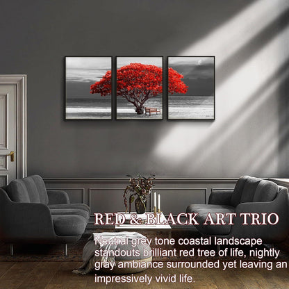 Rote Baum Bilder mit Rahmen Schwarz 3-teilig Leinwand