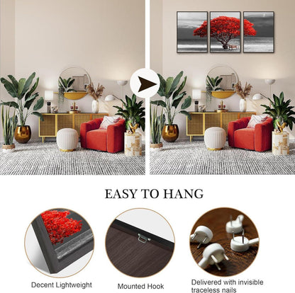 Rote Baum Leinwandbilder mit Rahmen 3-teilig, Moderne Wandbilder Wohnzimmer Büro