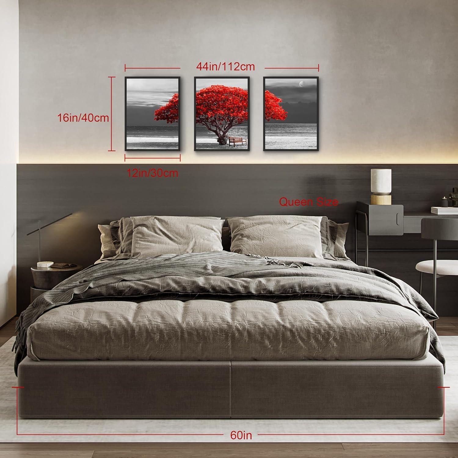 Rote Baum Leinwand Bilder Set mit Schwarzem Rahmen 3-teilig 30x40cm