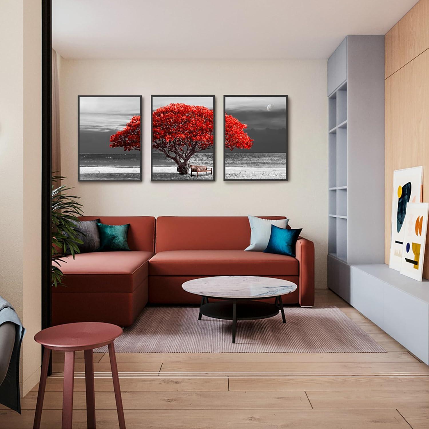 Rote Baum Leinwand Bilder Mit Rahmen Schwarz 3er Pack 30x40cm