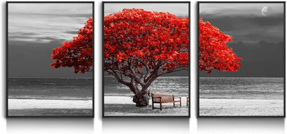Rote Baum Leinwand Bilder Set mit Schwarzem Rahmen 3-teilig 30x40cm