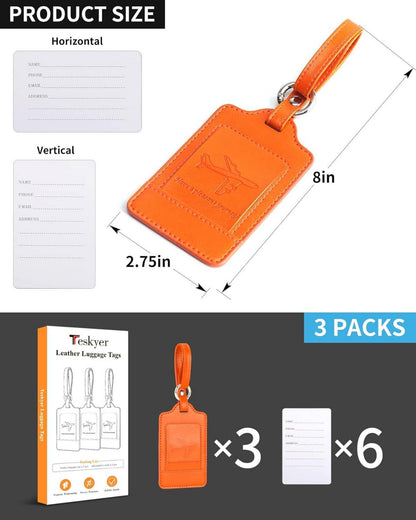 3er Set Kofferanhänger Adressschild PU Leder Orange Schutz der Privatsphäre
