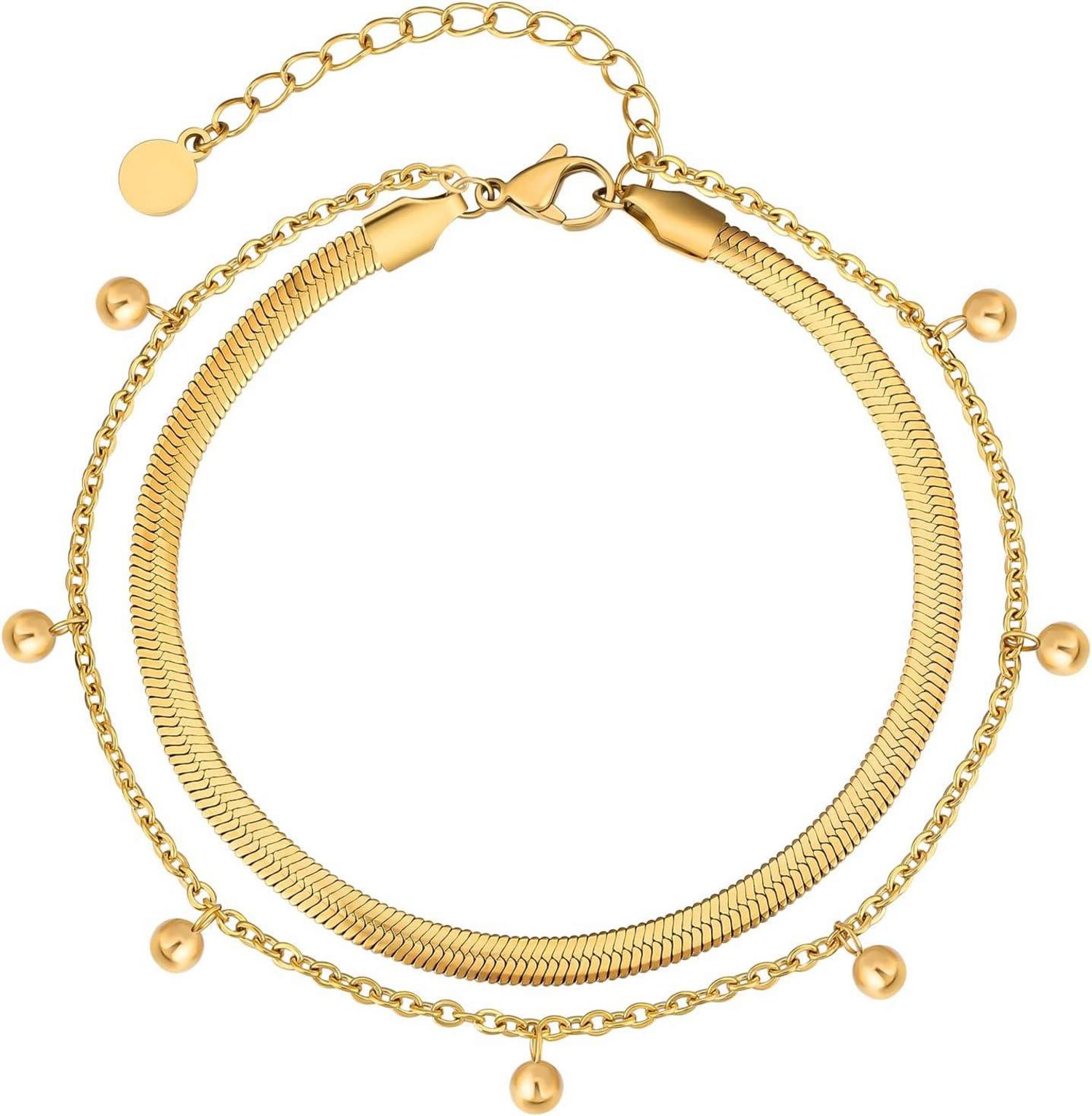 4mm Damen Fußkettchen mit Zirkonia, vergoldete Fischgrätkette