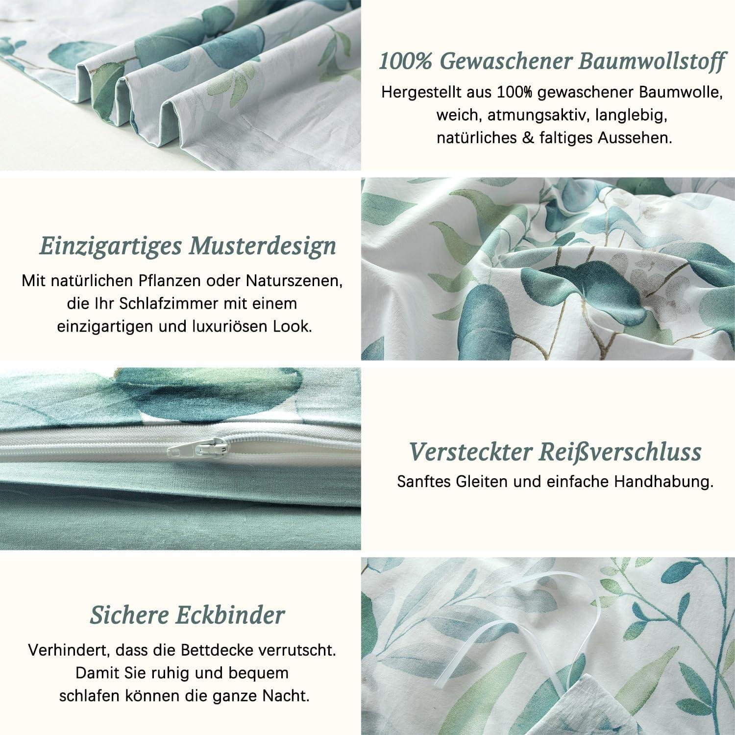 MILDLY Bettwäsche 200x200 Baumwolle Leinenartiger Griff 3tlg. Salbeigrün