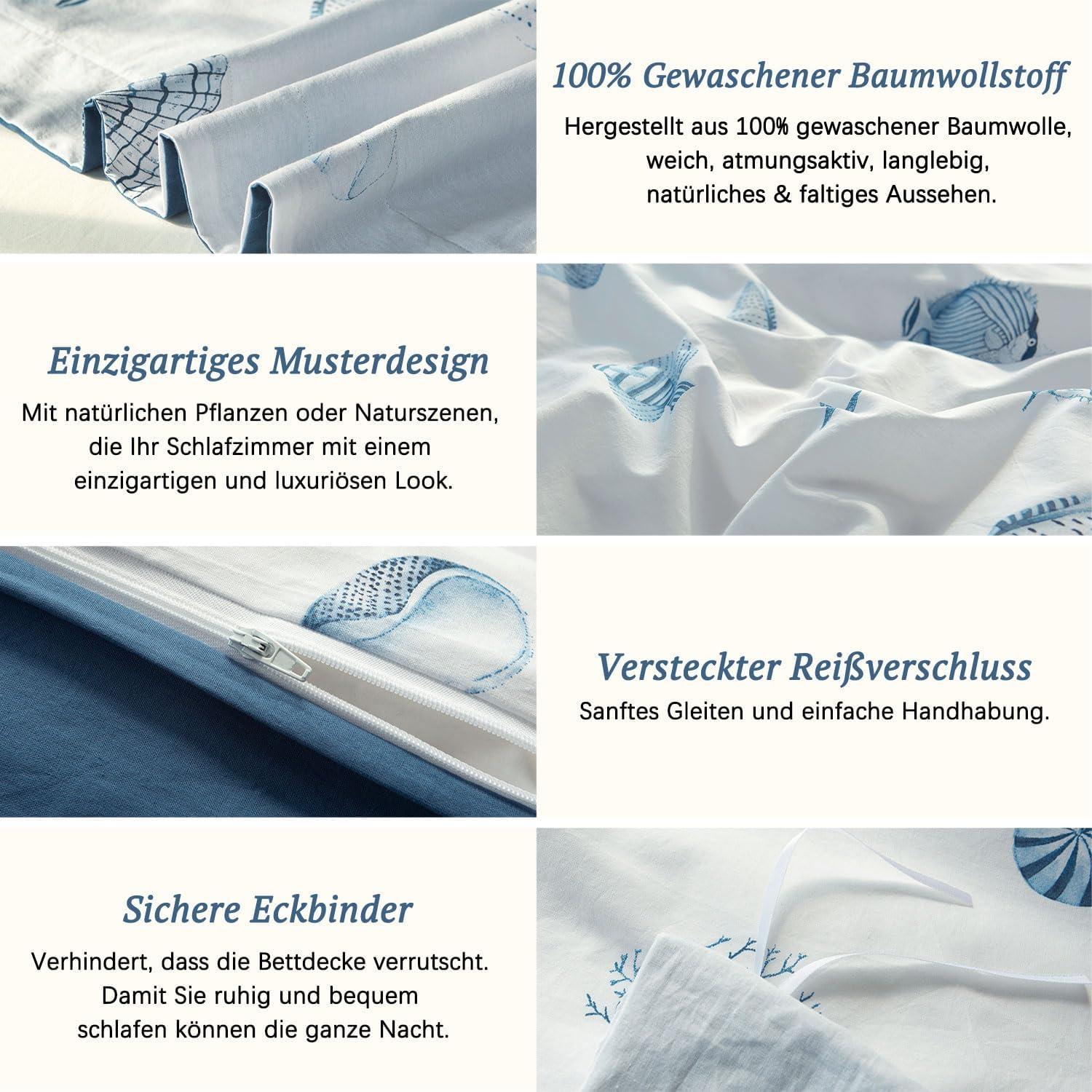 Bettwäsche 200x200 Pflanzenmuster Baumwolle Leinen Griff ÖkoTex Allergiker 1 Bettbezug 2 Kissenbezüge 80x80 Nuoyaa Blau