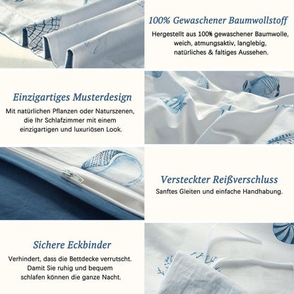 Bettwäsche 200x200 Pflanzenmuster Baumwolle Leinen Griff ÖkoTex Allergiker 1 Bettbezug 2 Kissenbezüge 80x80 Nuoyaa Blau