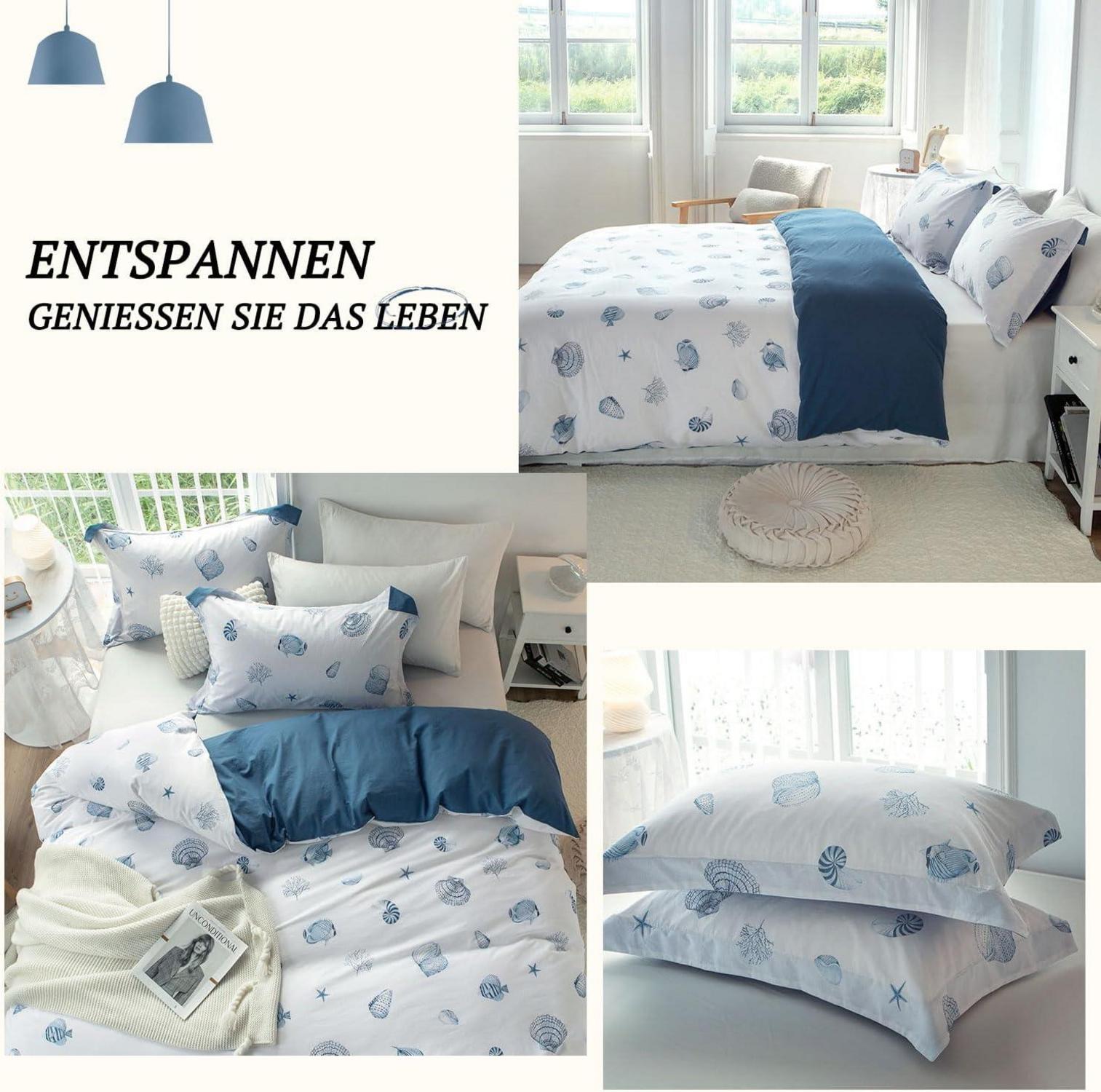 Bettwäsche 200x200 Pflanzenmuster Baumwolle Leinen Griff ÖkoTex Allergiker 1 Bettbezug 2 Kissenbezüge 80x80 Nuoyaa Blau
