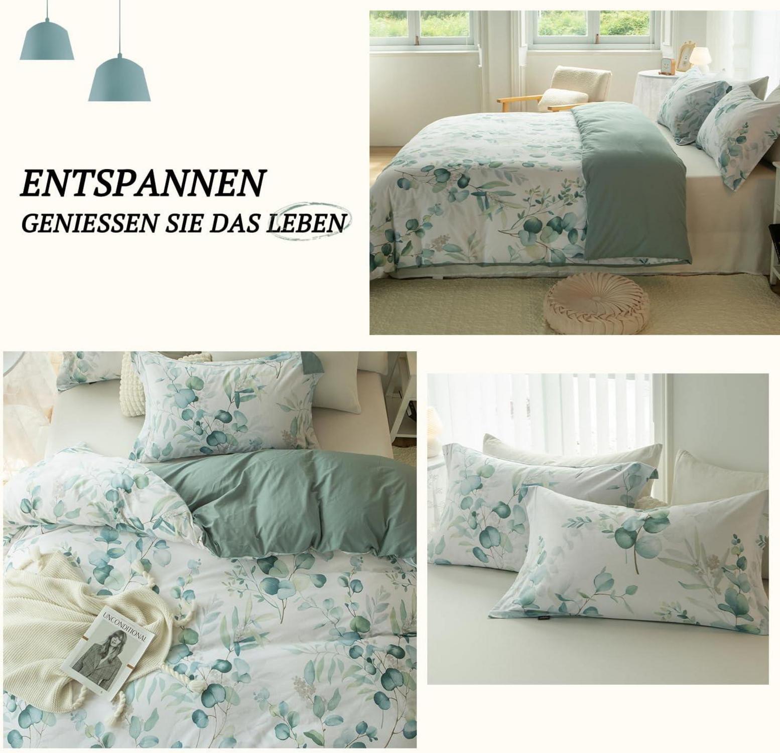 MILDLY Bettwäsche 155x220 Baumwolle Pflanzenmuster, ÖkoTex Zertifiziert, Allergiker geeignet, 2tlg. Salbeigrün