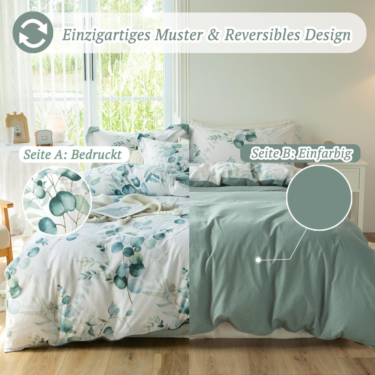 Bettwäsche 135x200 Pflanzenmuster 100% Baumwolle Leinenartiger Griff