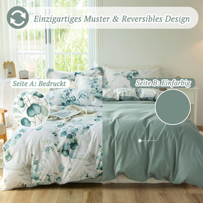 Bettwäsche 135x200 Pflanzenmuster 100% Baumwolle Leinenartiger Griff