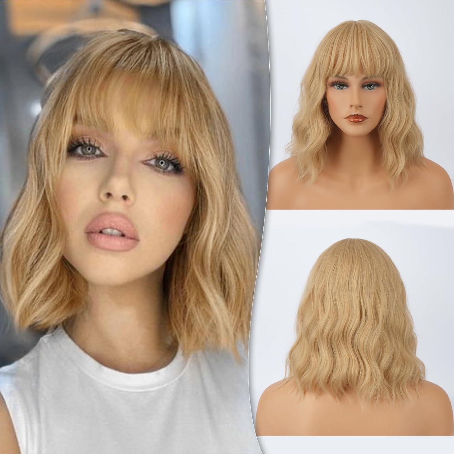 Kurze Blond Gewellte Bob Perücke mit Pony für Frauen