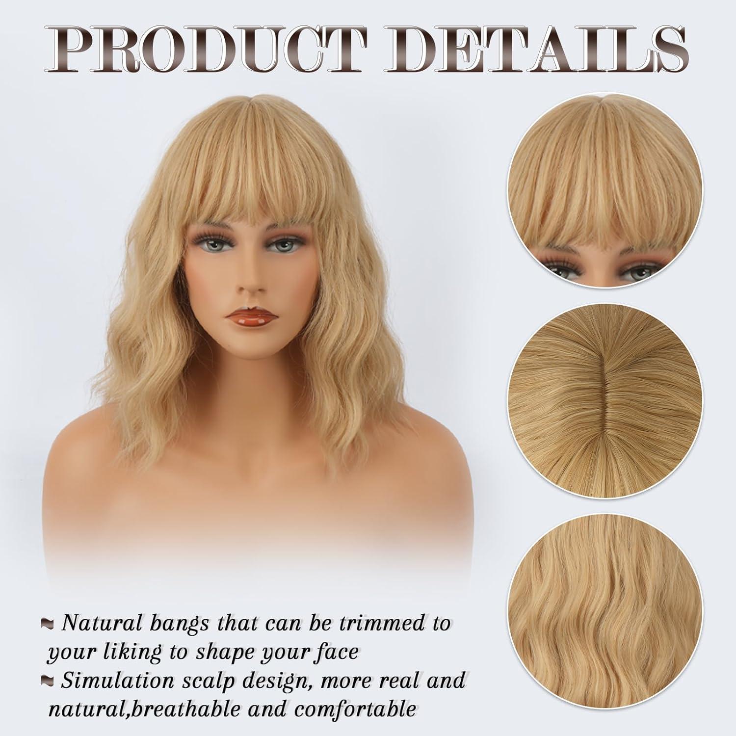 Kurze Blond Gewellte Bob Perücke mit Pony für Frauen