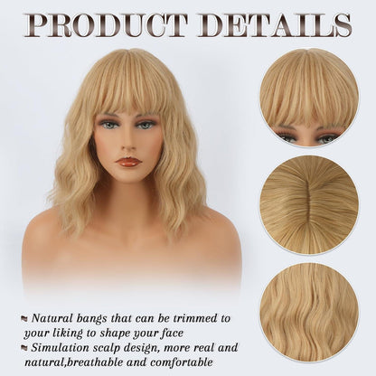 Kurze Blond Gewellte Bob Perücke mit Pony für Frauen